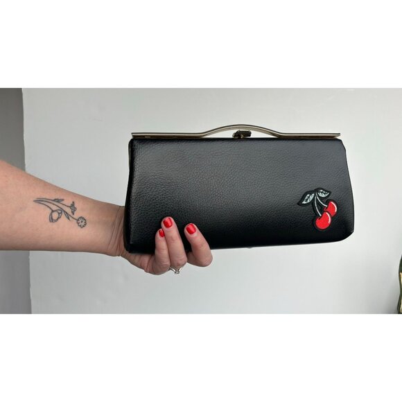 embellished vintage black leather clutch handbag reworked OOAK cherries patch Va - Picture 6 of 7